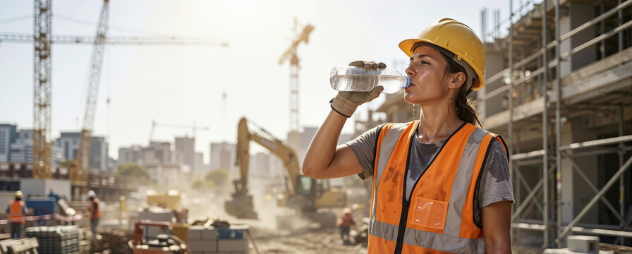 Female construction worker in a hard hat drinking water in intense heat. Exhausted woman sweating on a building site during a summer heatwave. Hydration and outdoor manual labor concept
