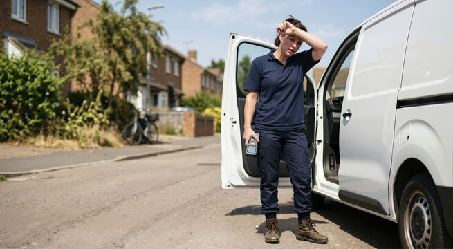 Female delivery driver wiping sweat from her forehead outdoors. Woman in uniform standing next to open white van holding a scanner on a hot summer day. Heatwave and extreme weather concept