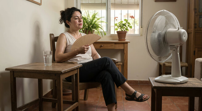 Middle aged Hispanic woman sitting by fan trying to cool down. Female relaxing in living room with electric pedestal fan and hand fan. Summer heatwave and indoor home climate control concept