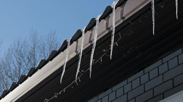 Icicles hang from a dark roof gutter, melting slowly in the bright sunshine. A clear blue sky and bare winter trees are visible in the background on a cold, crisp day.