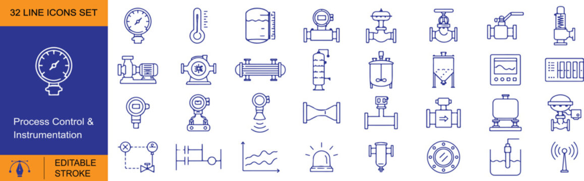 Process Control & Instrumentation Vector Outline Icons Set &ndash; Industrial Automation, Process Engineering and Instrumentation Line Symbols Collection