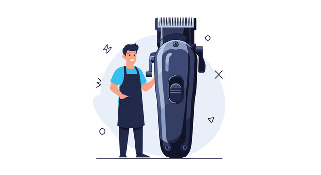 Professional barber wearing an apron stands next to a giant electric hair clipper in a creative and exaggerated vector illustration.