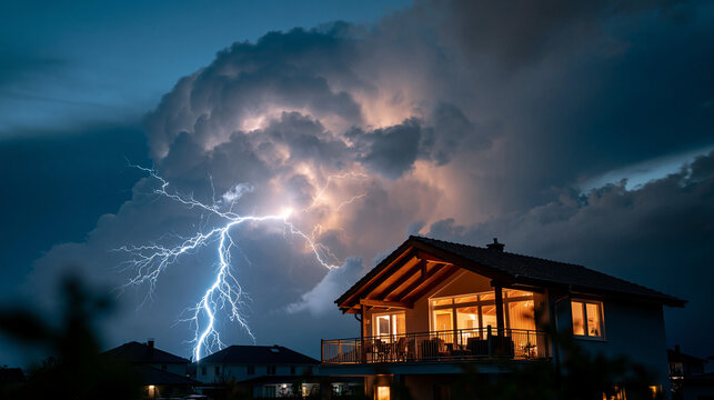 A massive thunderhead pouring rain and brilliant lightning over silhouetted suburban homes lit by warm interior glow dramatic atmospheric scene thunderstorm with copy space