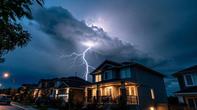 A massive thunderhead pouring rain and brilliant lightning over silhouetted suburban homes lit by warm interior glow dramatic atmospheric scene thunderstorm with copy space