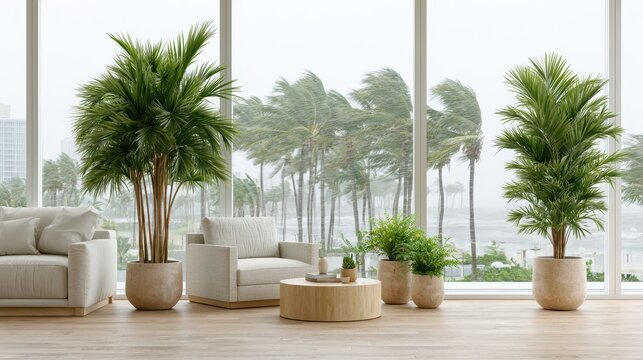Empty room, wood floor, blue curtains. Harsh storm outside, cozy holiday comfort inside. Dramatic contrast