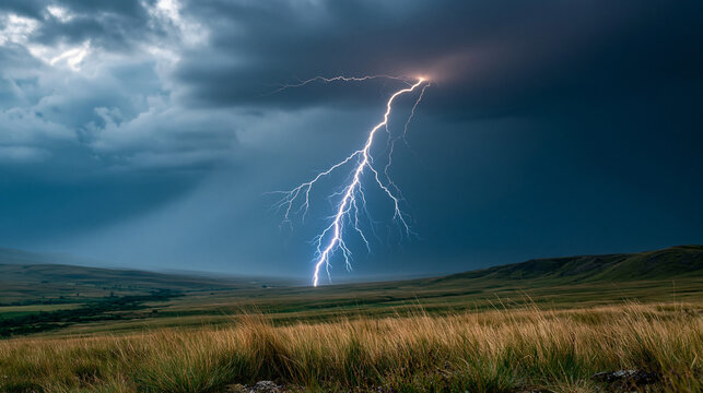 A blinding forked lightning bolt striking down over a rolling rural landscape beneath a bruised dark storm sky in daylight dramatic contrast and atmospheric haze thunderstorm