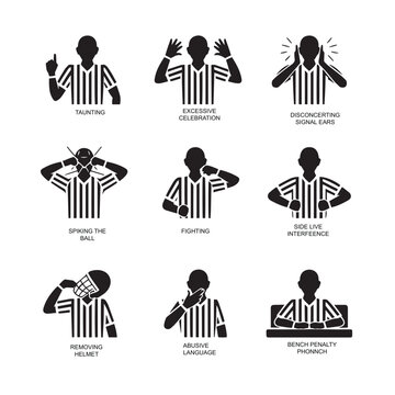 American football referee hand signals icons collection depicting various penalties and infractions in sport game officiating procedure.