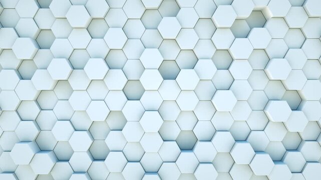 Abstract white and light blue hexagon background with 3D geometric structures. Futuristic honeycomb pattern backdrop, modern high-tech texture, and clean corporate science vector backdrop.