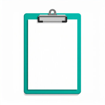 3D rendered illustration of a blank teal clipboard with a silver metal clip, featuring a clean white sheet of paper isolated on a plain white background for professional use.