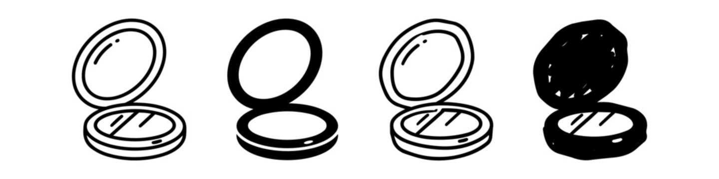 Collection of black and white hand-drawn vector icons of a makeup compact mirror and powder case in different artistic styles, isolated on a white background.