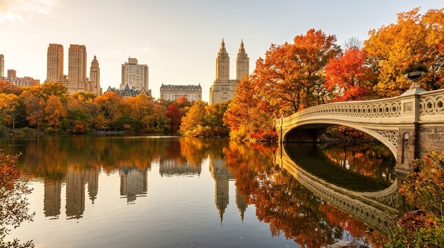 Central Park Autumn Splendor: Iconic cityscape views of Manhattan skyscrapers nestled amidst a vibrant tapestry of fall foliage, reflected in the tranquil waters of a lake.