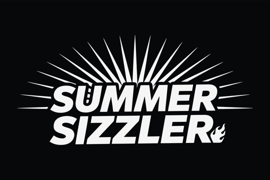 Summer sizzler text design with sun rays and flame effect.