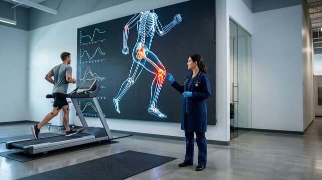 Male athlete on treadmill during biomechanical analysis, monitored by doctor reviewing skeletal motion capture data on large screen display