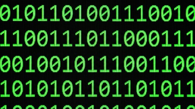Green binary code pattern on a dark background representing digital data, computer programming, and cybersecurity concepts