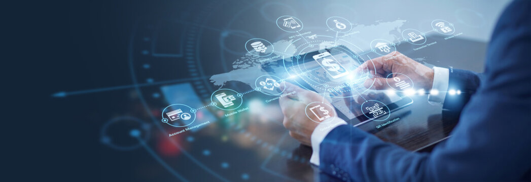 Merchant using tablet processing global Digital Payment transactions around the world. Secure contactless financial gateways optimize retail point of sale workflows and consumer convenience.