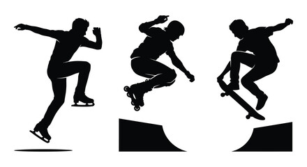 Skateboarder Roller Skater And Ice Skater Silhouettes Against White Background © asma