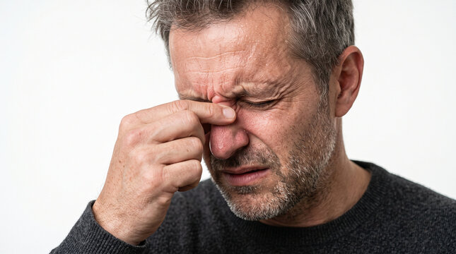 Middle aged man pinching bridge of nose suffering from migraine and sinus pressure