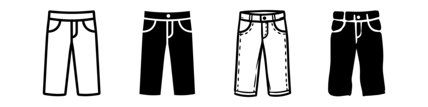Set of four minimalist black and white pants icons in outline and solid styles. Suitable for fashion retail and web UI design.