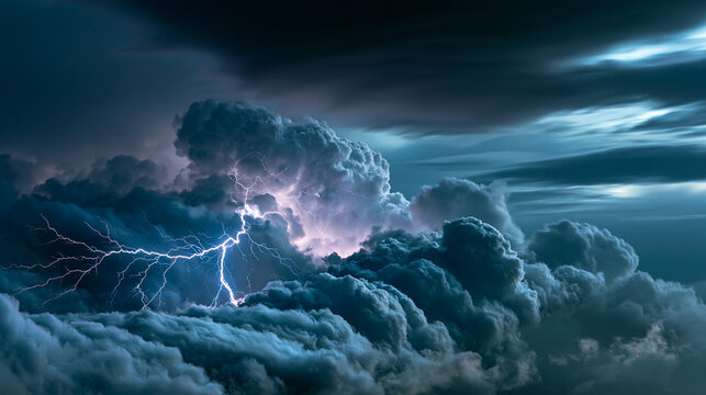 Lightning clouds and rolling thunder during a powerful storm electric glow through dark layered clouds dramatic atmospheric scene thunderstorm with copy space