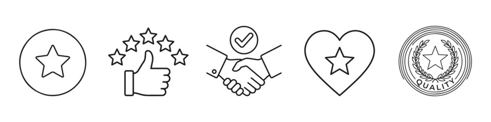 Obraz premium Black and White Line Art Icon Set of Quality Seals and Symbols Including Handshake Thumbs Up and Heart