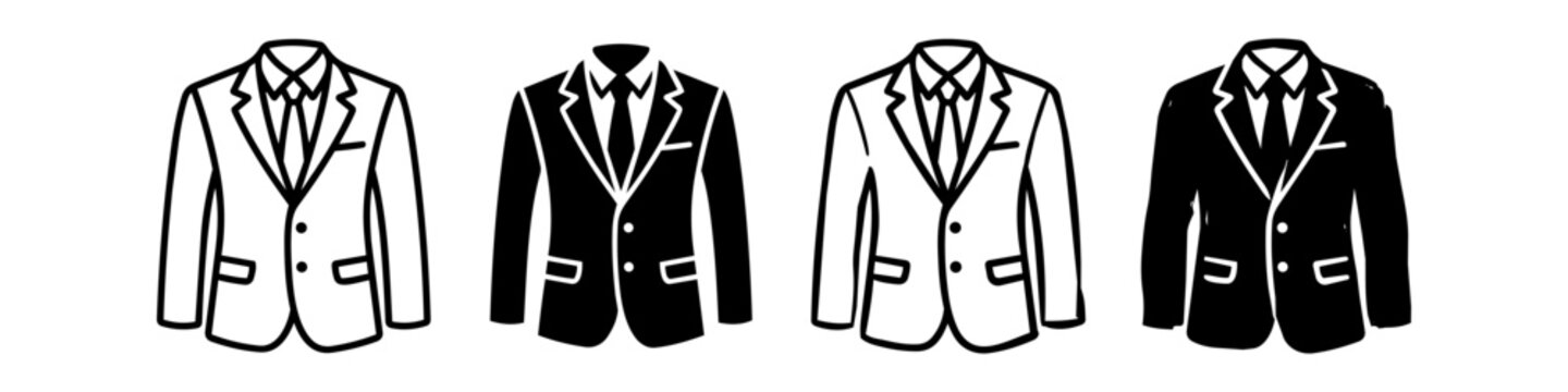 Vector collection of formal business suit icons in outline and solid styles. Minimalist design of men's professional attire, perfect for corporate identity, web, and fashion graphics.