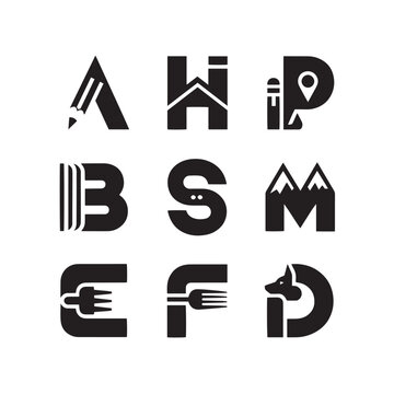 Creative alphabet letters with incorporated elements like a pencil, house, map pin, books, mountains, forks, and a fox.