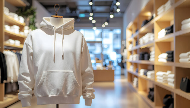 A clean white hoodie is displayed on a mannequin in a bright, modern clothing store with shelves stocked with apparel, creating a minimalist retail atmosphere