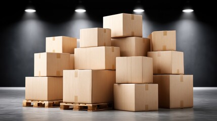 Humanitarian aid boxes stacked in organized rows with generic labels are visible in a clean warehouse, brown and grey colors