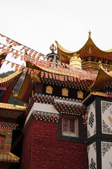Obraz premium Tibetan Buddhist Monastery with Prayer Flags and Golden Roofs