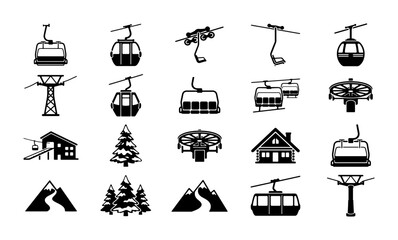 Ski lift and mountain resort icons set, 20 black cable car and gondola vector elements, winter sports and alpine tourism symbols for maps © Asset Aura
