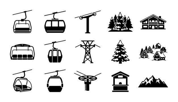 Ski resort icon set with cable cars and mountain cabins, 15 winter sports vector elements, alpine gondola and chairlift silhouettes for travel maps