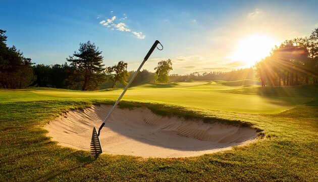 golf course sand bunker with a rake at sunrise sun rays illuminating the green grass and trees in a peaceful morning landscape
