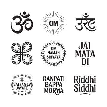 Hindu religious symbols and phrases including om, jai mata di, ganpati bappa morya, riddhi siddhi, satyamev jayate.