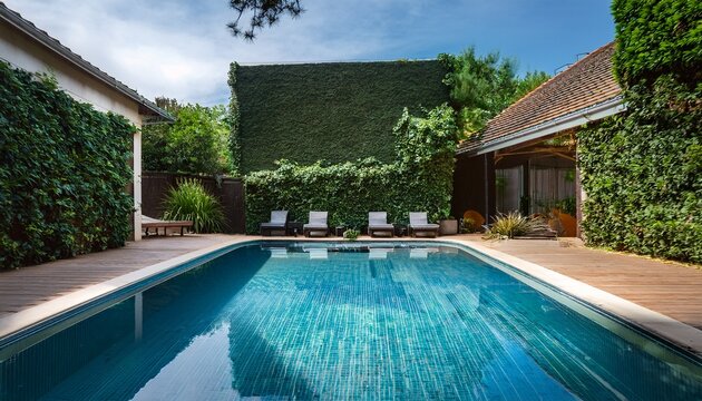 serene backyard oasis a luxurious swimming pool enveloped by lush greenery and a teal tile wall
