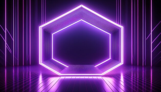 abstract purple hexagonal neon light framework with glowing edges and reflective floor