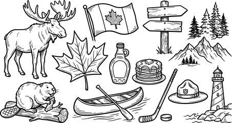 Canada symbols and travel elements set, handdrawn vector illustration transparent background © SampaRani