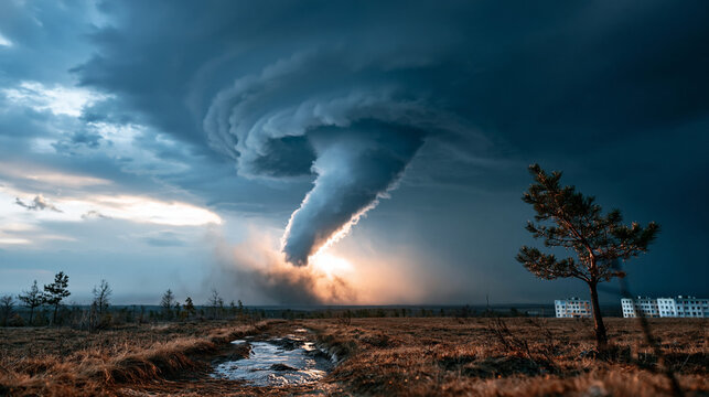 A dark tornado funnel twisting beneath a massive rotating supercell thunderstorm during a severe weather event dramatic atmospheric structure and dust tornado danger with copy
