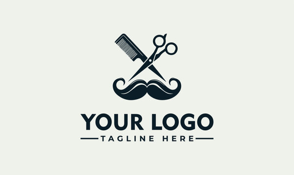 Barbershop vector logo illustration featuring crossed scissors and comb with mustache for professional hair salon branding