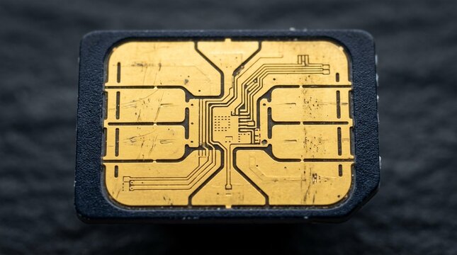 SIM card microchip for mobile phone technology, close-up view of golden electronic contacts and circuitry on a dark background