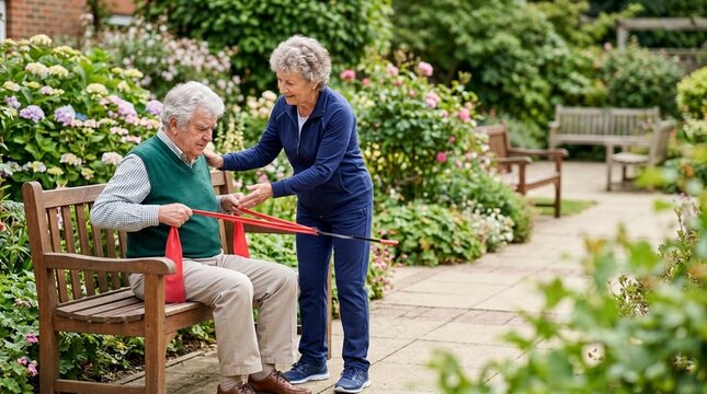 Elderly man performing arm exercises with a red resistance band, assisted by a caring senior woman in a beautiful outdoor garden setting