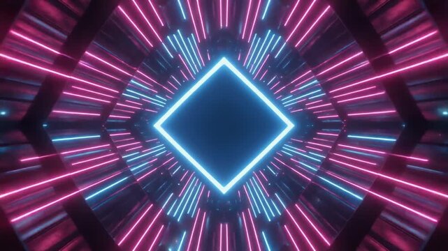 Symmetrical neon tunnel with glowing diamond center, blue and pink lights forming futuristic geometric depth and sci‑fi digital aesthetics.
