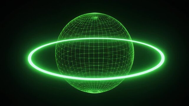 Glowing green wireframe sphere with luminous ring, futuristic grid design symbolizing digital visualization, atomic structure, and modern scientific aesthetics.