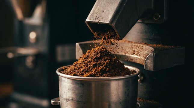 Close up of fresh coffee grounds falling from a metal grinder chute into a dosing cup, artisan coffee preparation, barista lifestyle, rich aroma.