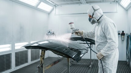 Fototapeta premium Professional auto painter wearing a protective suit and mask spraying clearcoat on a black car hood in a modern paint booth, automotive restoration, body shop service.