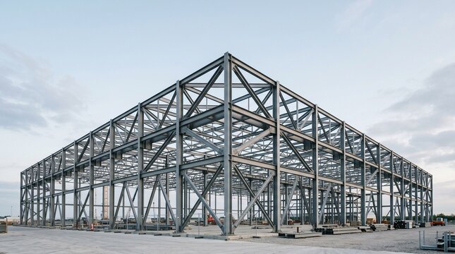 Large steel frame structure of a new modern building at a construction site under a cloudy sky, industrial construction, building development, modern architecture.