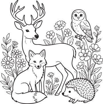 Coloring book Wildlife animals, forest creatures, deer, fox, owl, hedgehog, black and white vector illustration, coloring book style, 1 EPS file