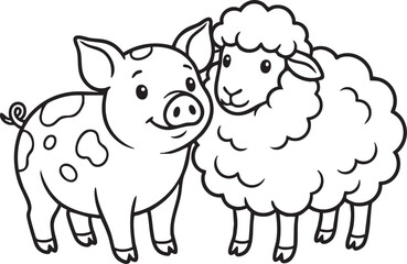 Obraz premium Coloring book Cute farm animals, pig and sheep, cartoon vector illustration, black and white line art, friendly smiling faces