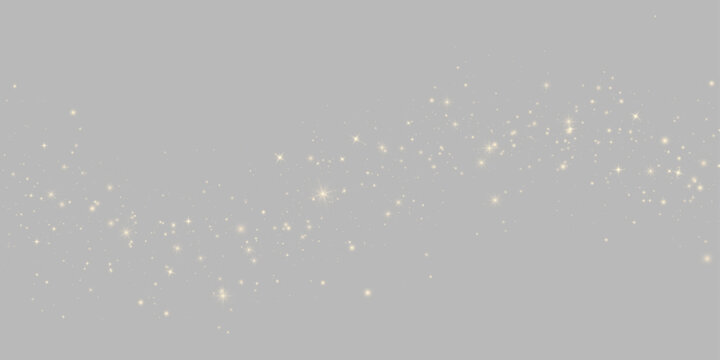 Bright glittering particle cloud with glowing white sparkles. Christmas gold confetti, glowing light bursts, sparkling stars, fairy dust. PNG vector festive overlay effect.