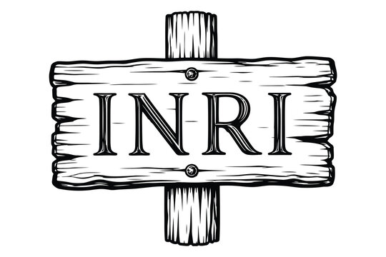 Rustic wooden sign with inri text