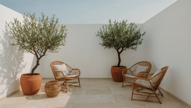 Seating Area With Olive Trees and Wicker Chairs in a Sunlit Space